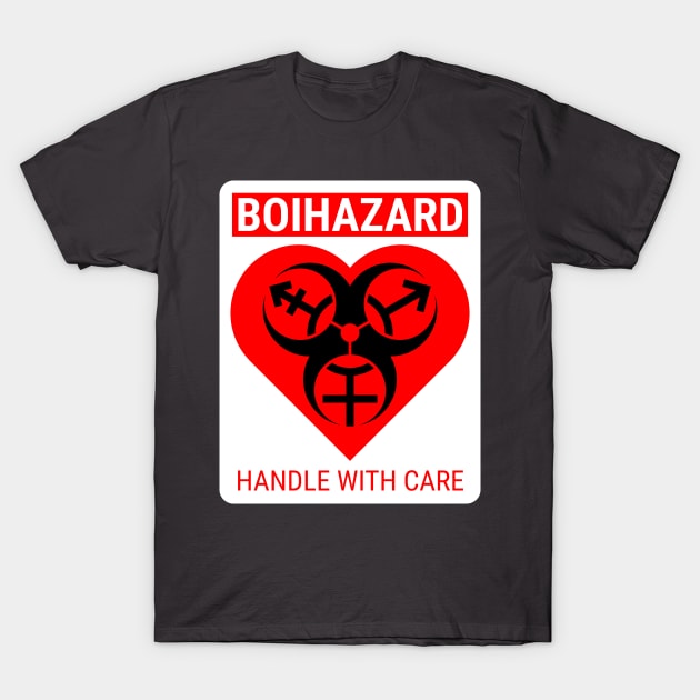 "BOI HAZARD/handle with care" Heart - Label Style - Red T-Shirt by GenderConcepts